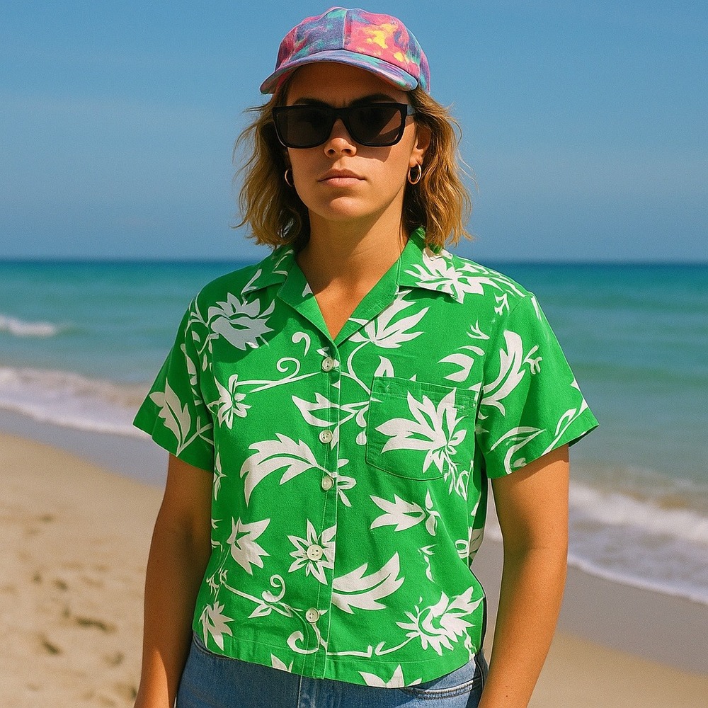 VTG 80s Forenza Sportwear Hawaiian Shirt M Green White Floral Cotton Hong Kong